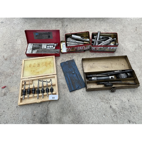 88 - AN ASSORTMENT OF TOOLS TO INCLUDE DRILL BITS AND A SYKES PICKAVANT SPLINE BIT SET ETC NO VAT