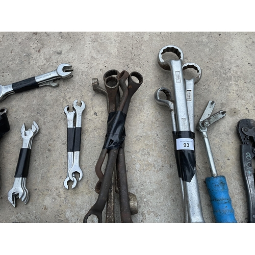 93 - AN ASSORTMENT OF TOOLS TO INCLUDE SPANNERS ETC NO VAT