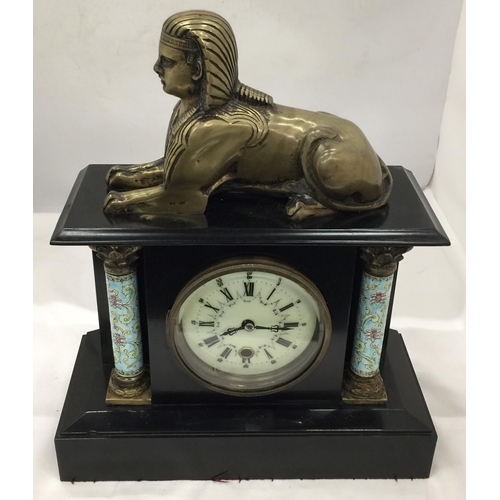 16 - A HEAVY FRENCH MARBLE MANTLE CLOCK WITH BRONZE SPHINX TOP AND ORMELU AND ENAMEL COLUMN SUPPORTS