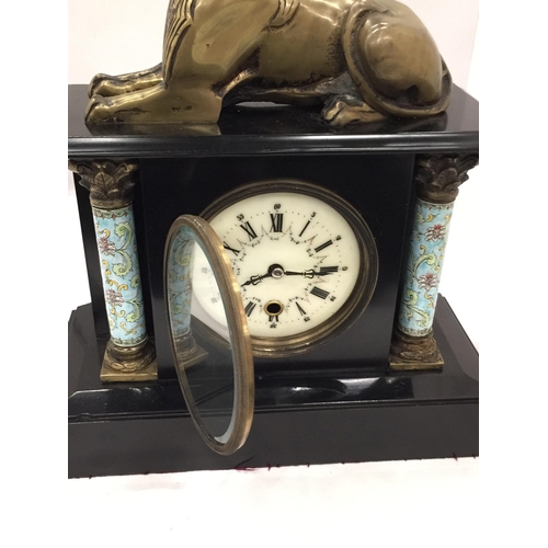 16 - A HEAVY FRENCH MARBLE MANTLE CLOCK WITH BRONZE SPHINX TOP AND ORMELU AND ENAMEL COLUMN SUPPORTS