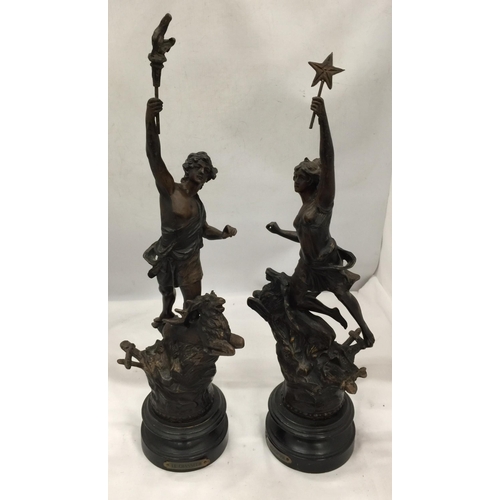 27 - A PAIR OF VINTAGE FRENCH SPELTER CLASSICAL FIGURES TITLED 'LE CHASSEUR' AND 'LA CHASSERESSE'