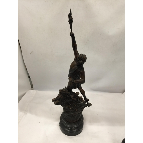 27 - A PAIR OF VINTAGE FRENCH SPELTER CLASSICAL FIGURES TITLED 'LE CHASSEUR' AND 'LA CHASSERESSE'