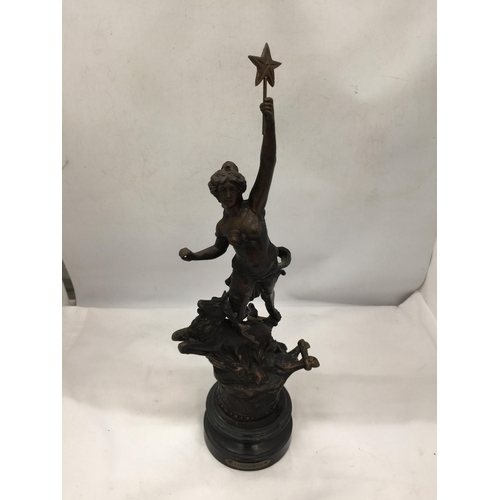 27 - A PAIR OF VINTAGE FRENCH SPELTER CLASSICAL FIGURES TITLED 'LE CHASSEUR' AND 'LA CHASSERESSE'