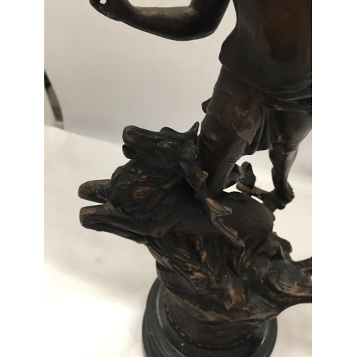 27 - A PAIR OF VINTAGE FRENCH SPELTER CLASSICAL FIGURES TITLED 'LE CHASSEUR' AND 'LA CHASSERESSE'