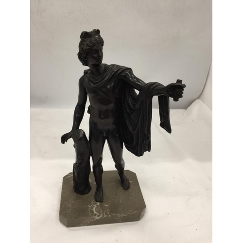 29 - A BRONZE FIGURE OF A MALE ON A MARBLE BASE