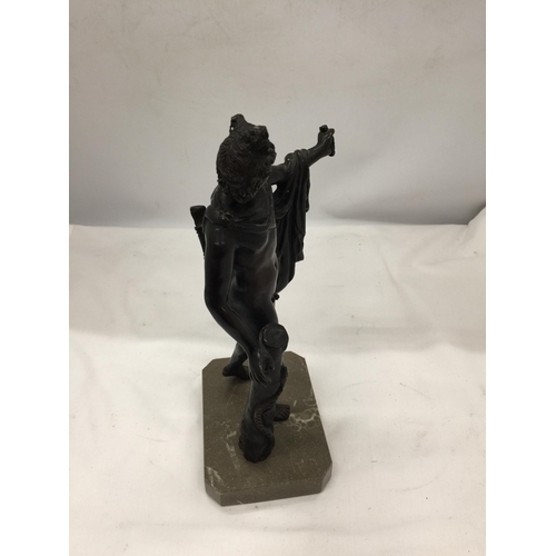 29 - A BRONZE FIGURE OF A MALE ON A MARBLE BASE