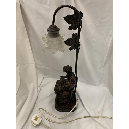 164 - A LARGE ORNATE RESIN TABLE LAMP MODELLED AS A LADY READING A BOOK WITH GLASS SHADE