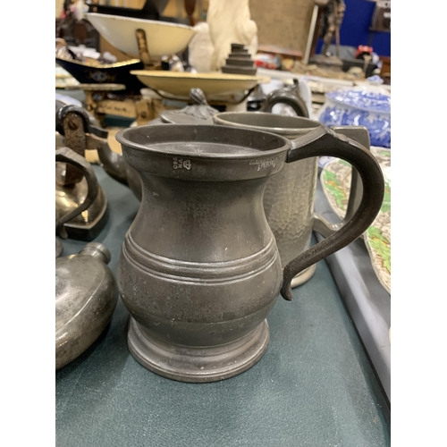 171 - A COLLECTION OF 19TH CENTURY AND FURTHER PEWTER TANKARDS, FURTHER IRON ETC