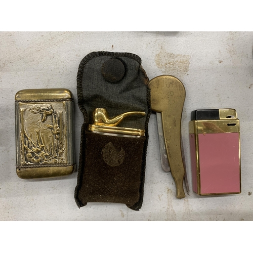 221 - FOUR VINTAGE ITEMS, VESTA, MULTI TOOL AND LIGHTERS