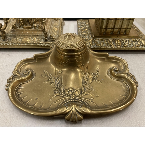 237 - THREE ORNATE VINTAGE BRASS INKWELLS