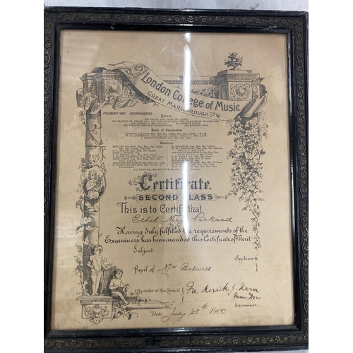 237A - TWO DATED 1899 & 1900 FRAMED LONDON COLLEGE OF MUSIC CERTIFICATES