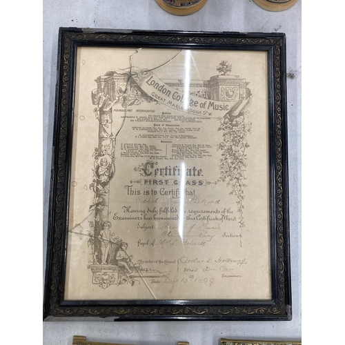 237A - TWO DATED 1899 & 1900 FRAMED LONDON COLLEGE OF MUSIC CERTIFICATES