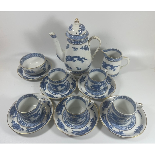 102 - AN ART DECO 1920S BOOTHS BLUE AND WHITE DRAGON PATTERN TEA SET, TEAPOT HEIGHT 19 CM