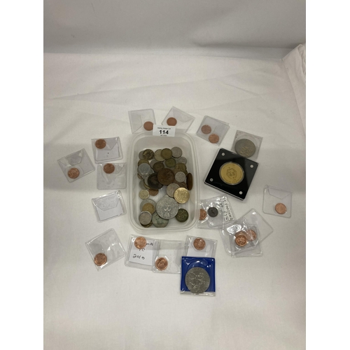 114 - A COLLECTION OF COINS, TO INCLUDE COMMEMORATIVE CROWNS, PRE-DECIMAL, FOREIGN, ETC