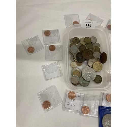 114 - A COLLECTION OF COINS, TO INCLUDE COMMEMORATIVE CROWNS, PRE-DECIMAL, FOREIGN, ETC