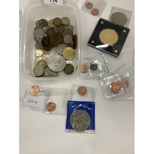 114 - A COLLECTION OF COINS, TO INCLUDE COMMEMORATIVE CROWNS, PRE-DECIMAL, FOREIGN, ETC