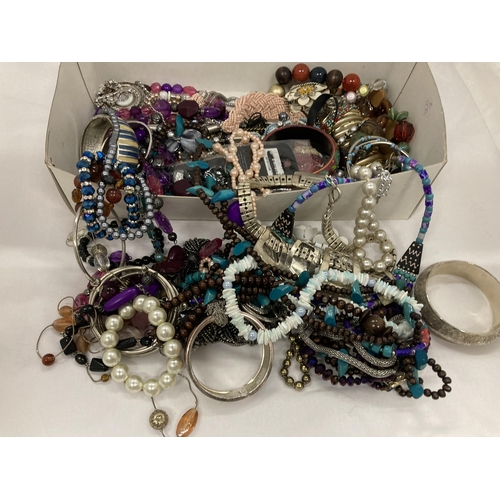 121 - A QUANTITY OF COSTUME JEWELLERY TO INCLUDE BANGLES, NECKLACES, BRACELETS, ETC