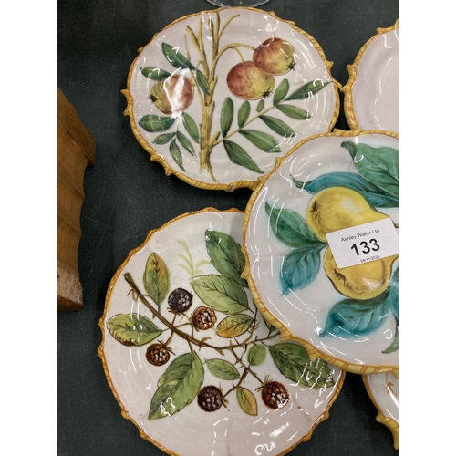 133 - FIVE ITALIAN COPLER PLATES WITH FRUIT DESIGN AND COCKEREL STAMP TO THE BASE, DIAMETER 14CM