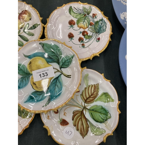 133 - FIVE ITALIAN COPLER PLATES WITH FRUIT DESIGN AND COCKEREL STAMP TO THE BASE, DIAMETER 14CM