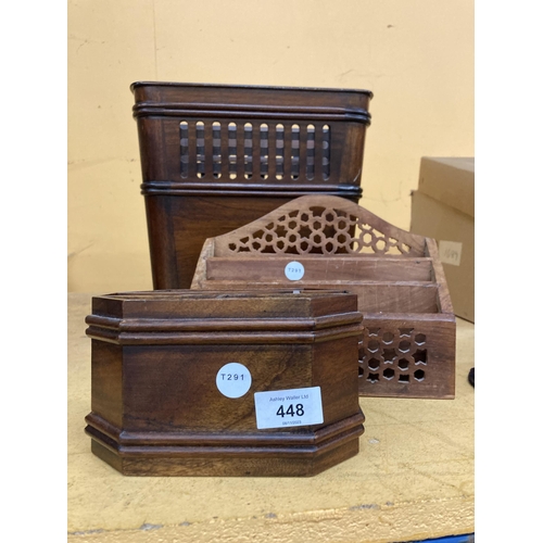 448 - A QUANTITY OF WOODEN ITEMS TO INCLUDE BINS, A LETTER RACK AND A PEN HOLDER