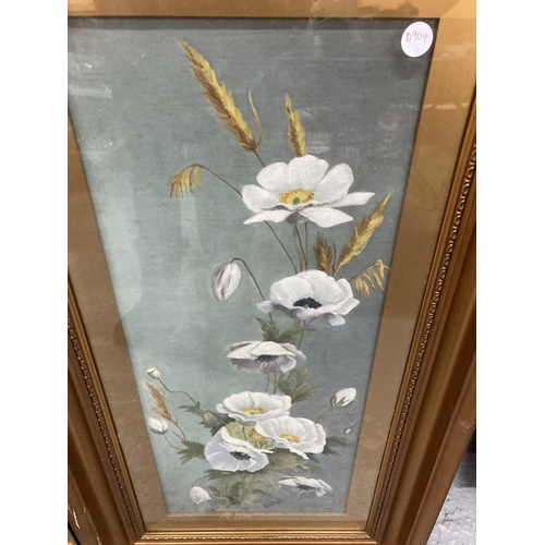 451 - A PAIR OF SIGNED E A TAYLOR FLORAL WATERCOLOURS ON CANVAS, FRAMED, 43CM X 79CM