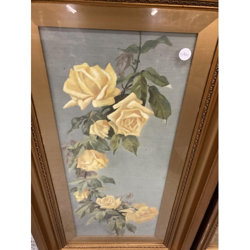 451 - A PAIR OF SIGNED E A TAYLOR FLORAL WATERCOLOURS ON CANVAS, FRAMED, 43CM X 79CM