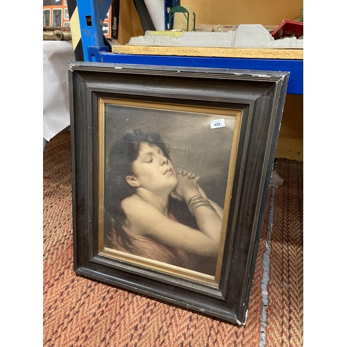 455 - A VINTAGE PRINT OF A GIRL, FRAMED, 61CM X 71CM