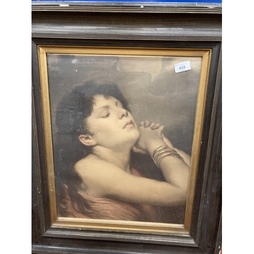 455 - A VINTAGE PRINT OF A GIRL, FRAMED, 61CM X 71CM