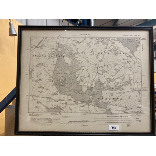 456 - TWO FRAMED PRINTS OF ORNANCE SURVEY MAPS, NETHER ALDERLEY, OVER ALDERLEY, CHELFORD, BIRTLES, ETC