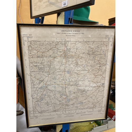 456 - TWO FRAMED PRINTS OF ORNANCE SURVEY MAPS, NETHER ALDERLEY, OVER ALDERLEY, CHELFORD, BIRTLES, ETC