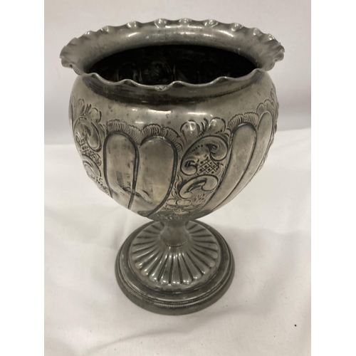 255 - TWO ITEMS - A PEWTER PEDESTAL VASE AND A SILVER PLATED CIGARETTE CASE