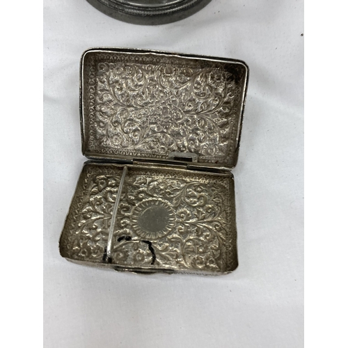 255 - TWO ITEMS - A PEWTER PEDESTAL VASE AND A SILVER PLATED CIGARETTE CASE