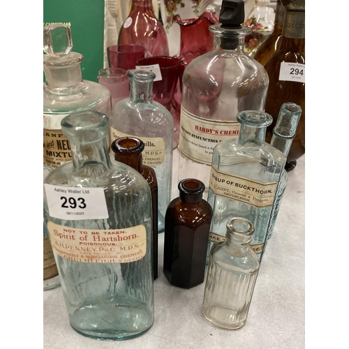 293 - A COLLECTION OF VINTAGE GLASS MEDICINE BOTTLES ETC