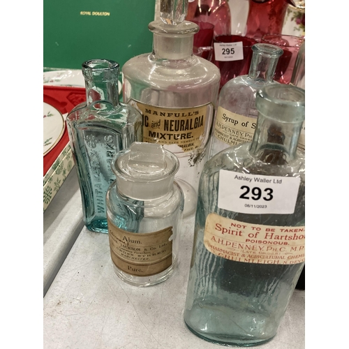 293 - A COLLECTION OF VINTAGE GLASS MEDICINE BOTTLES ETC