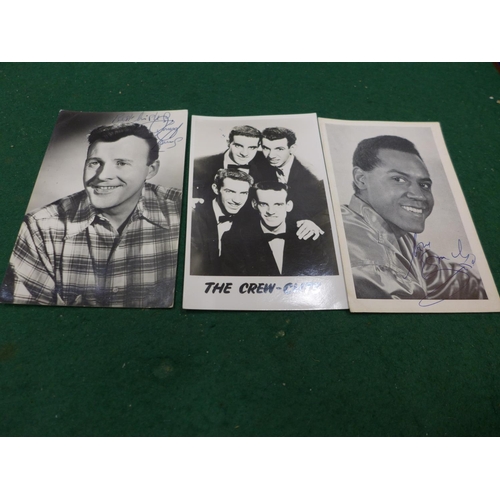 13 - A SIGNED JIMMY YOUNG PHOTOGRAPH, SIGNED EMILE FORD POSTCARD AND A CREW CUTS POSTCARD