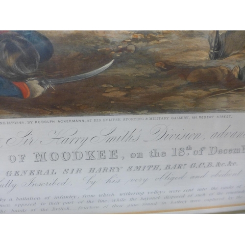 400 - A MID 19TH CENTURY COLOURED ENGRAVING OF THE BATTLE OF MOODKEE 1845, PUBLISHED BY RUDOLPH ACKERMANN ... 