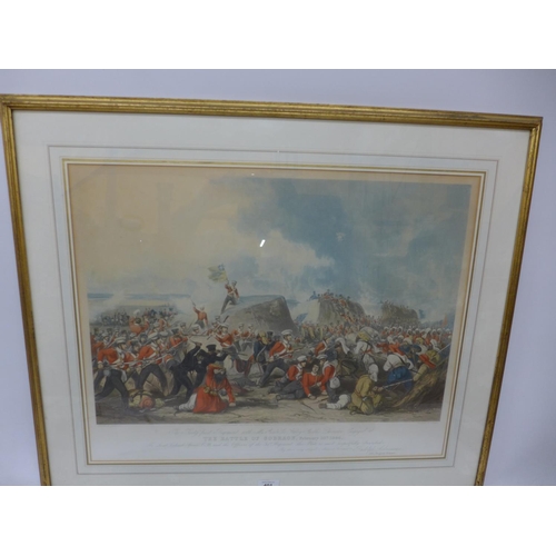 401 - A MID 19TH CENTURY COLOURED ENGRAVING OF THE BATTLE OF SOBRAON 1846, PUBLISHED BY RUDOLPH ACKERMANN ... 