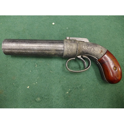 418 - A REPLICA NON FIRING PERCUSSION CAP PEPPERBOX PISTOL, 11CM BARREL, LENGTH 22CM