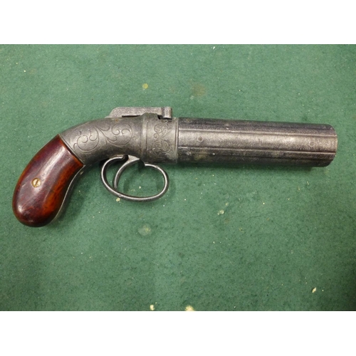 418 - A REPLICA NON FIRING PERCUSSION CAP PEPPERBOX PISTOL, 11CM BARREL, LENGTH 22CM