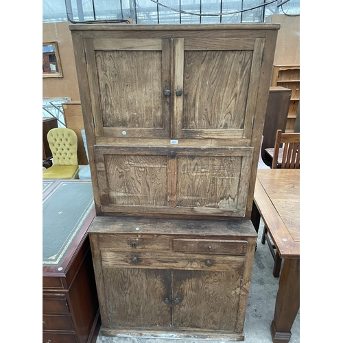 2801 - A MID 20TH CENTURY OAK FRAMED KITCHEN CABINET WITH DROP-DOWN FLAP, WITH ENAMEL WORK SURFACE 36.5