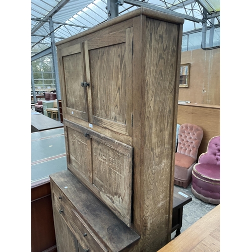 2801 - A MID 20TH CENTURY OAK FRAMED KITCHEN CABINET WITH DROP-DOWN FLAP, WITH ENAMEL WORK SURFACE 36.5