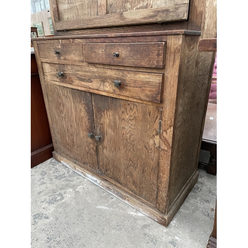 2801 - A MID 20TH CENTURY OAK FRAMED KITCHEN CABINET WITH DROP-DOWN FLAP, WITH ENAMEL WORK SURFACE 36.5