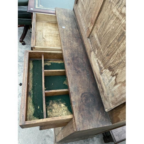 2801 - A MID 20TH CENTURY OAK FRAMED KITCHEN CABINET WITH DROP-DOWN FLAP, WITH ENAMEL WORK SURFACE 36.5