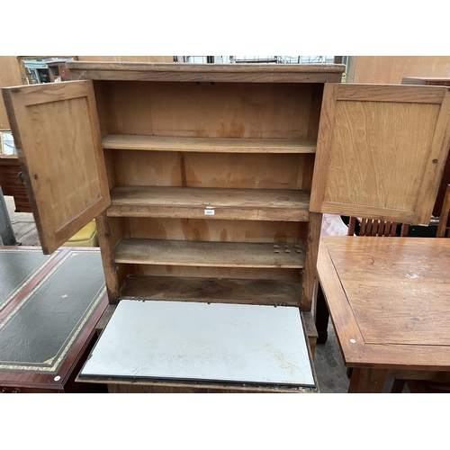 2801 - A MID 20TH CENTURY OAK FRAMED KITCHEN CABINET WITH DROP-DOWN FLAP, WITH ENAMEL WORK SURFACE 36.5