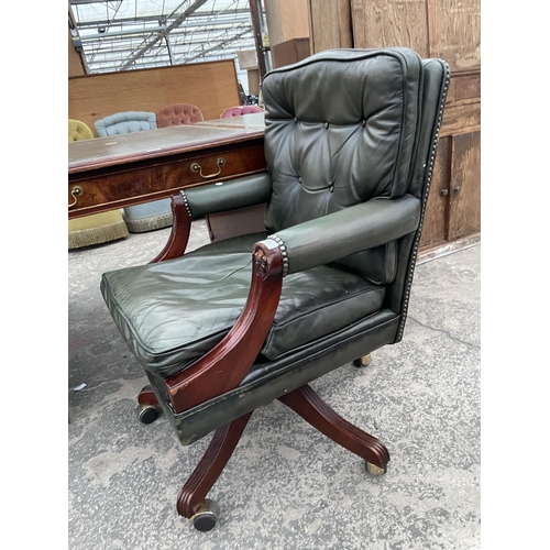 2803 - A 19TH CENTURY STYLE SWIVEL AND ADJUSTABLE DESK CHAIR IN GREEN LEATHER WITH BUTTON-BACK