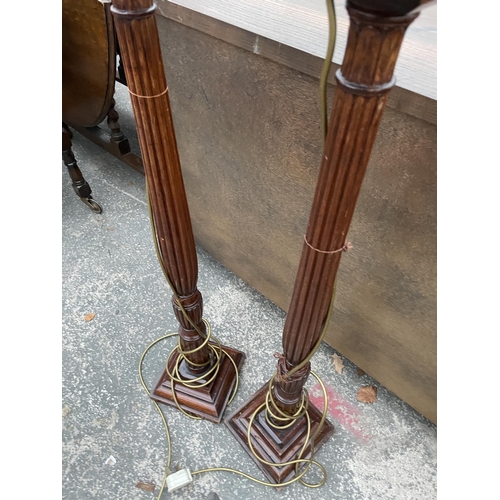 2805 - A PAIR OF 19TH CENTURY STYLE TALL LAMPS ON TURNED AND FLUTED COLUMNS ON STEPPED BASE