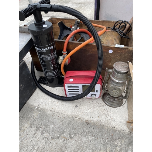 2067 - AN ASSORTMENT OF ITEMS TO INCLUDE A GAS CAMPING STOVE AND A PUMP ETC