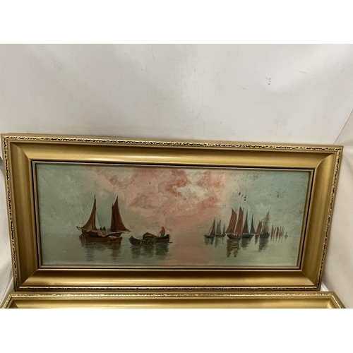 80 - A PAIR OF GILT FRAMED OIL ON BOARDS OF SAILING BOATS