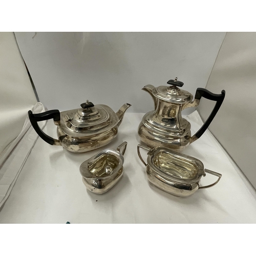 82 - A HALLMARKED SHEFFIELD WALKER AND HALL SILVER FOUR PIECE TEA SET, WEIGHT 1,864g