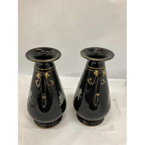 202 - A PAIR OF GRECIAN STYLE BLACK AND GOLD VASES